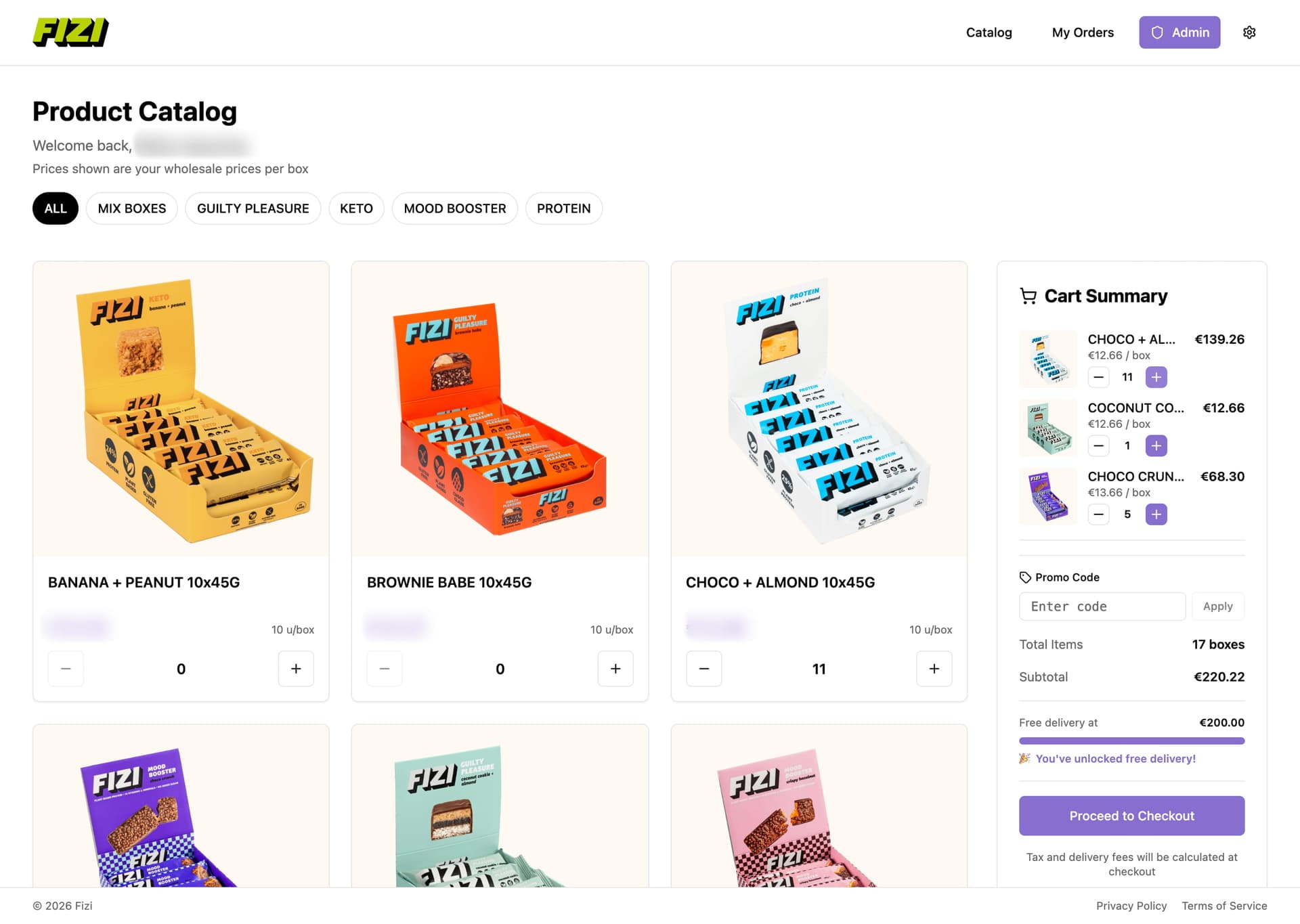 FIZI product catalog with cart and checkout