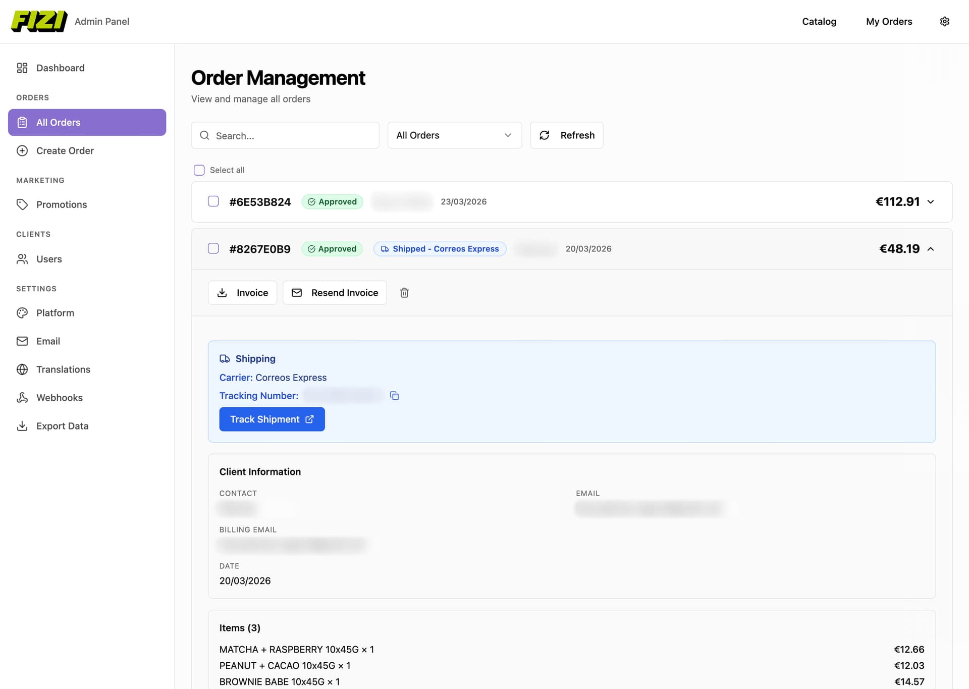 Order management with shipping and tracking