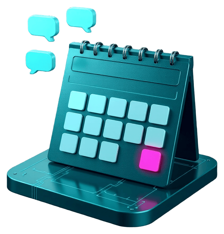 A desk calendar month page with one day glowing magenta, chat bubbles beside it