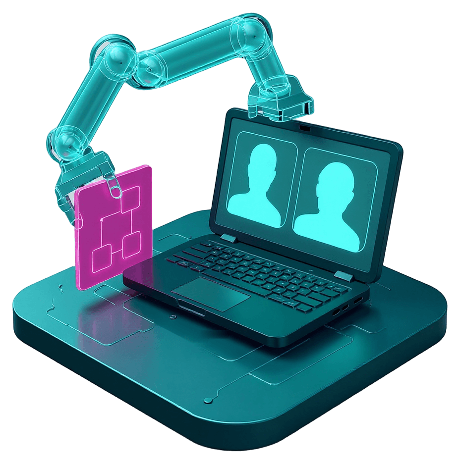 Two people on a video call on a laptop screen while a holographic arm places an automation card, all standing on one circuit platform