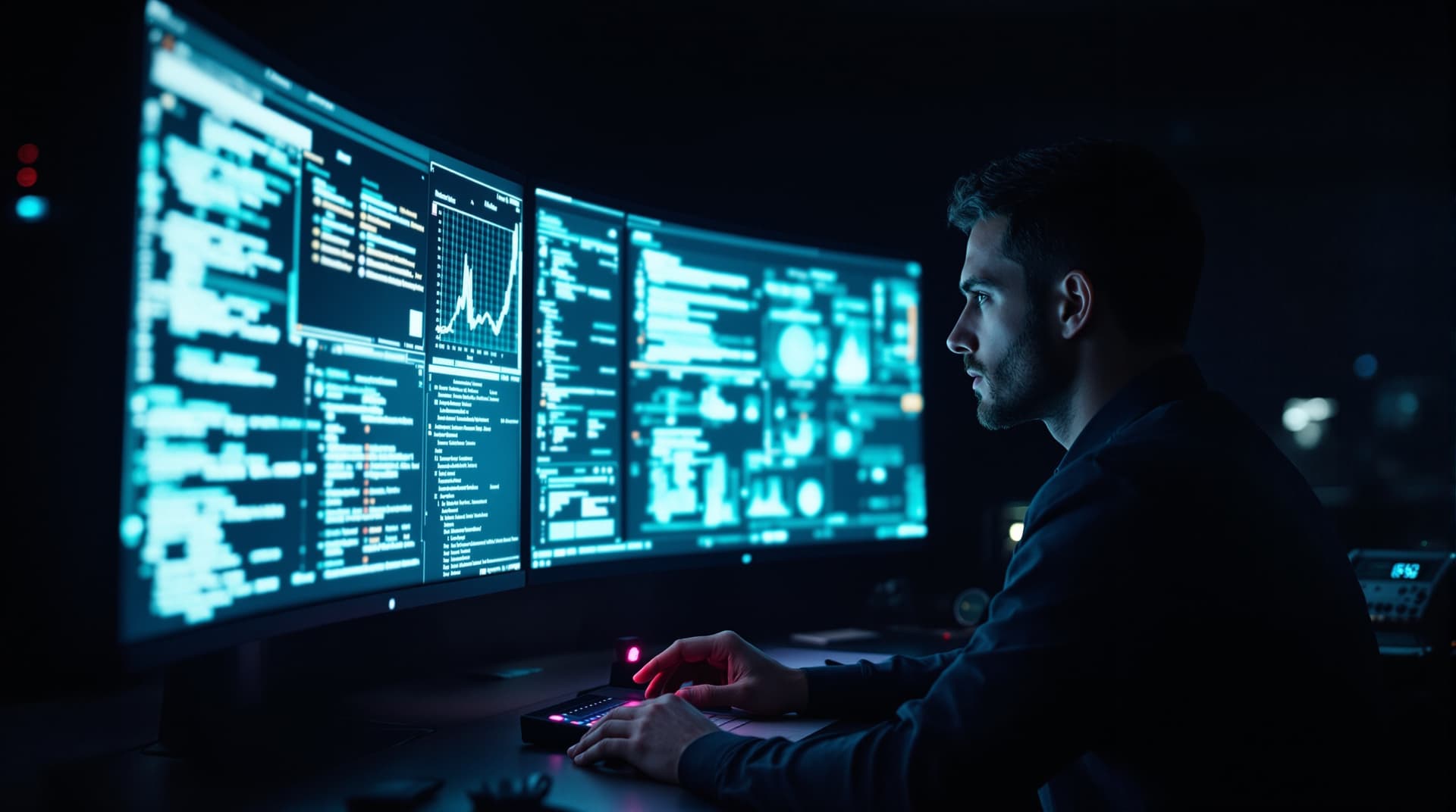 Operator at a dark console reviewing an operations flow, one control lit in magenta