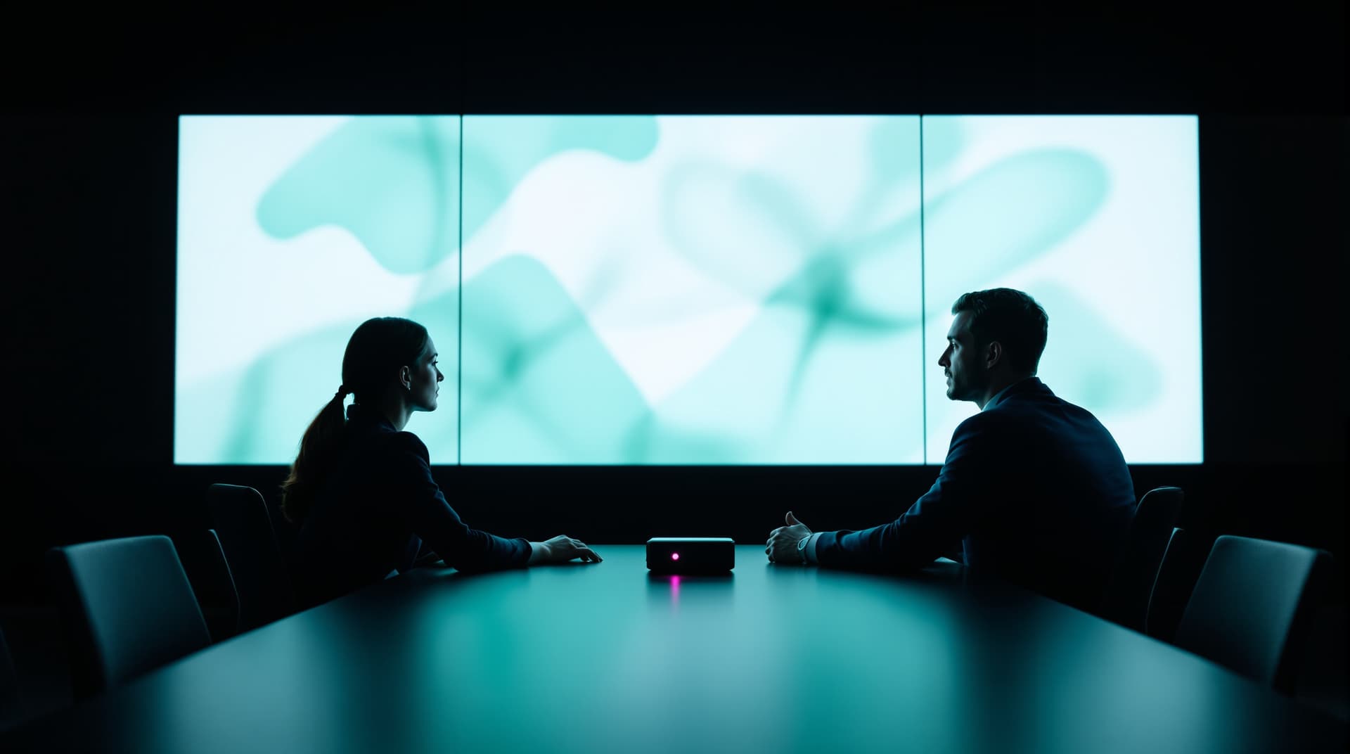 Two professionals at a dark conference table reviewing an abstract teal wall display