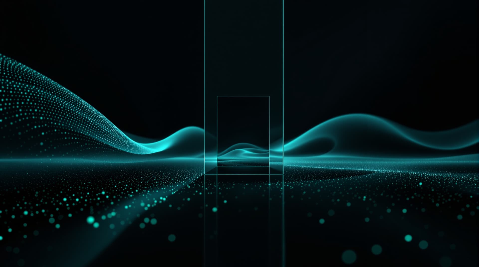 Dark server room corridor closed off by a glass security gate with teal lighting