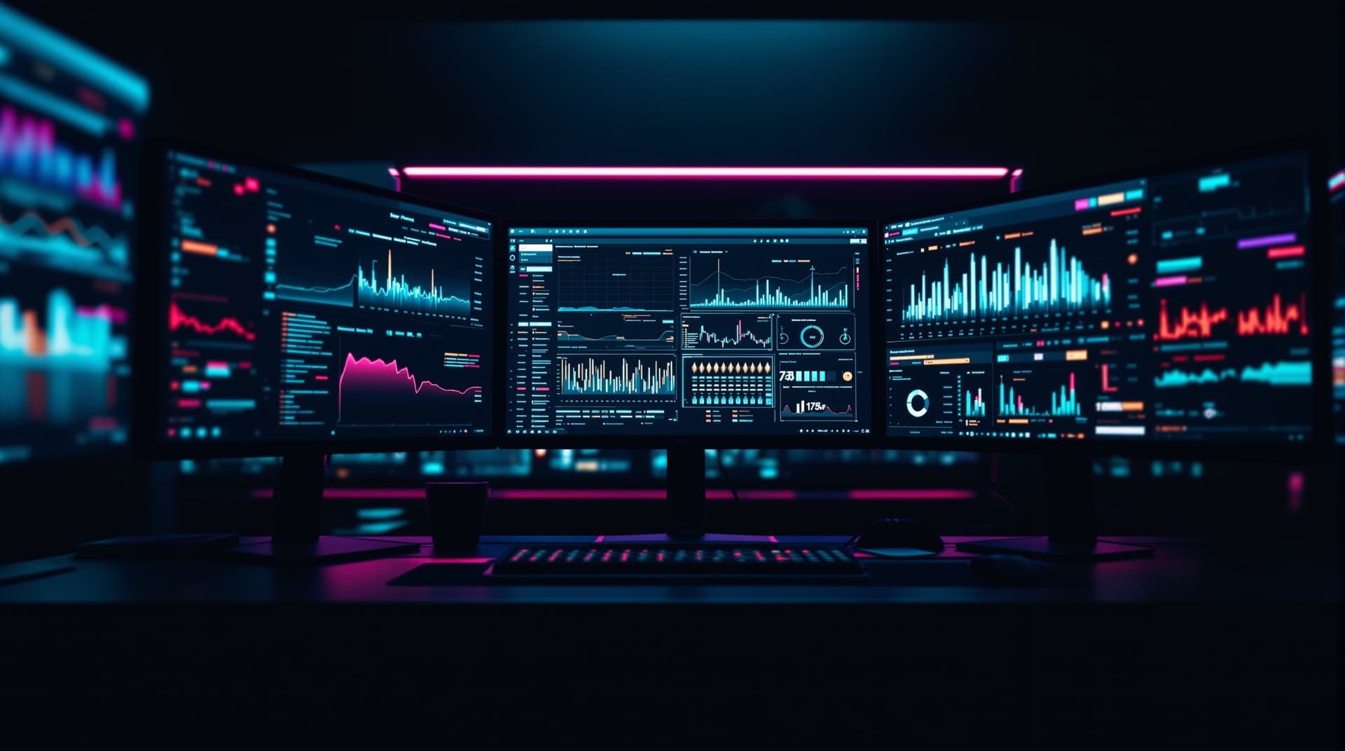 A dim control-room desk with multiple screens