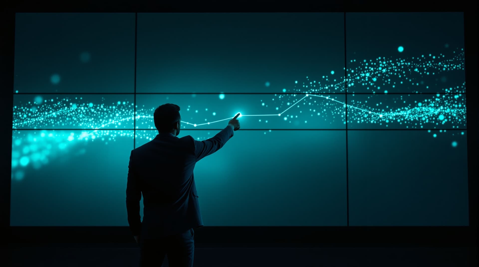 Professional pointing at the first node of an abstract teal route on a large dark wall display