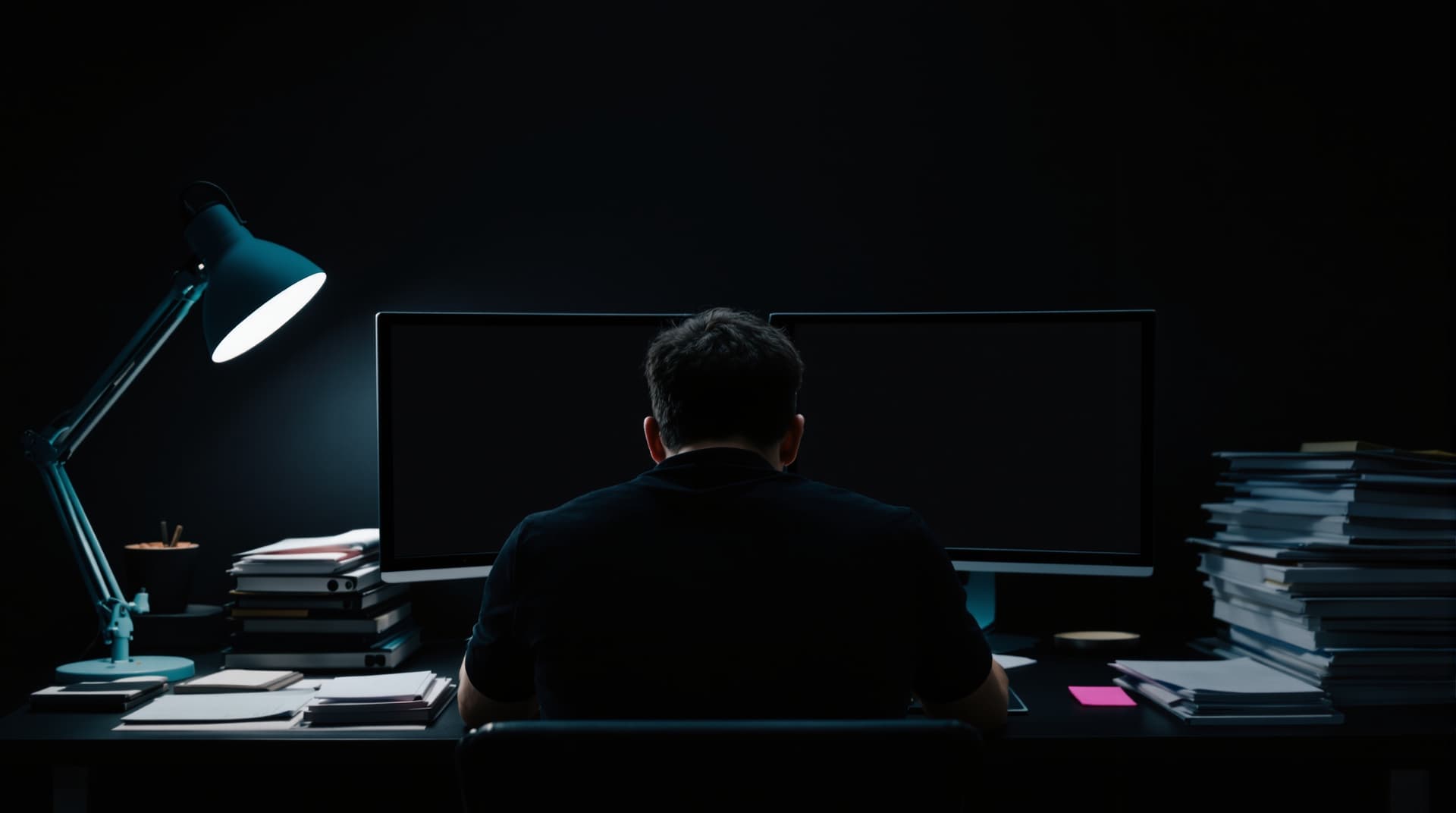 Founder leaning back from a cluttered dark desk with glowing teal monitors late at night