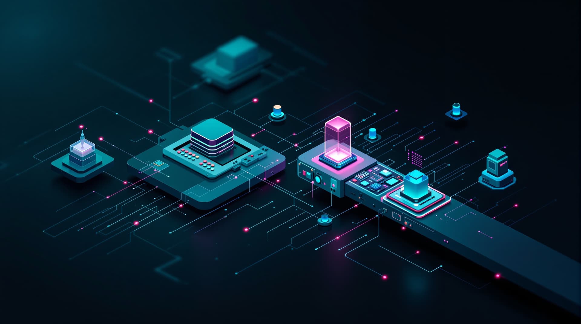 Isometric automation system rendered in cyan and magenta